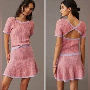 Anthropologie Maeve Knit Cut Out Sweater Skirt Set XS Orange Lilac